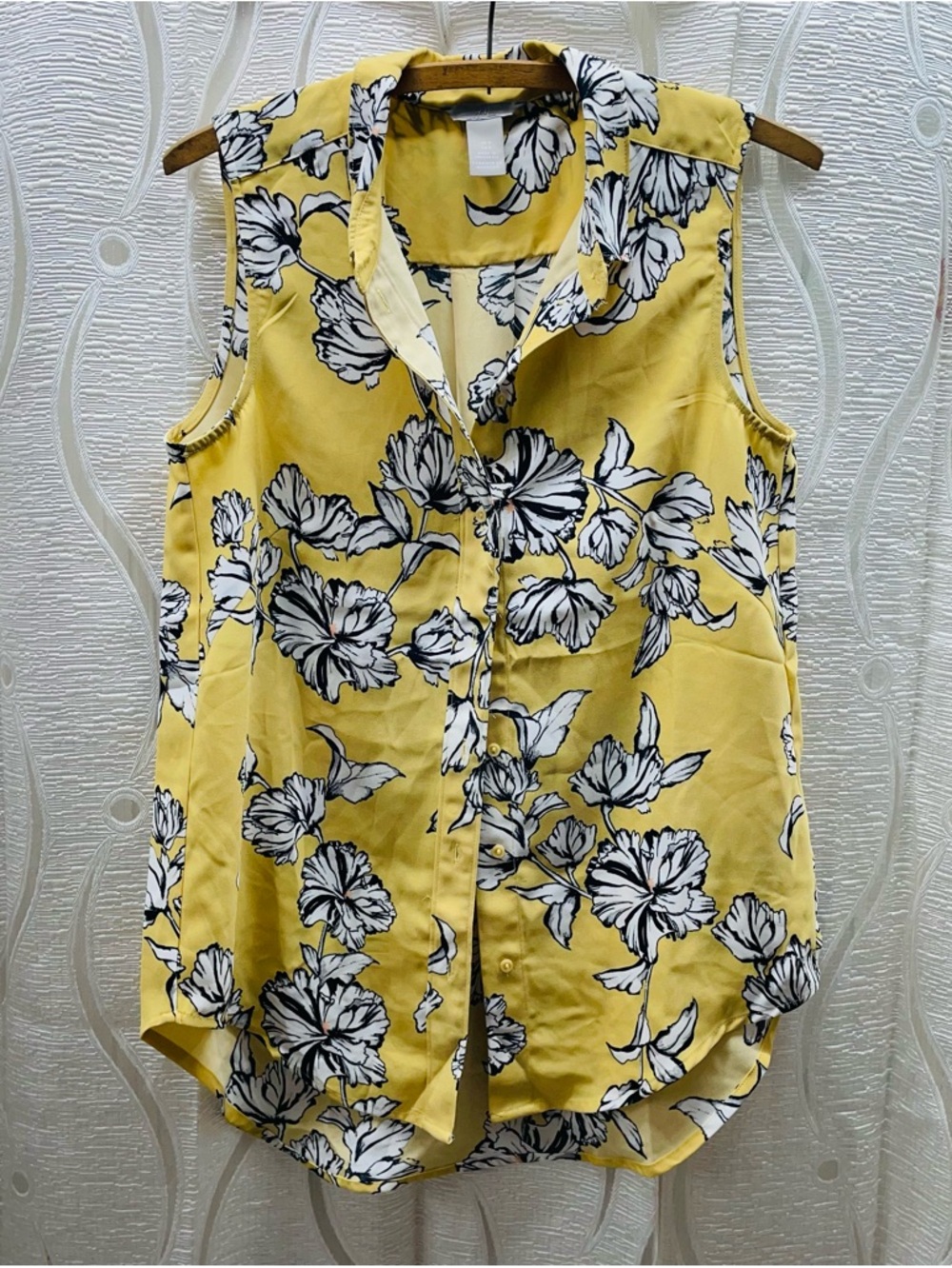 H&M Sleeveless Floral Blouse‎ Womens Small Yellow Black White Excellent High-Low